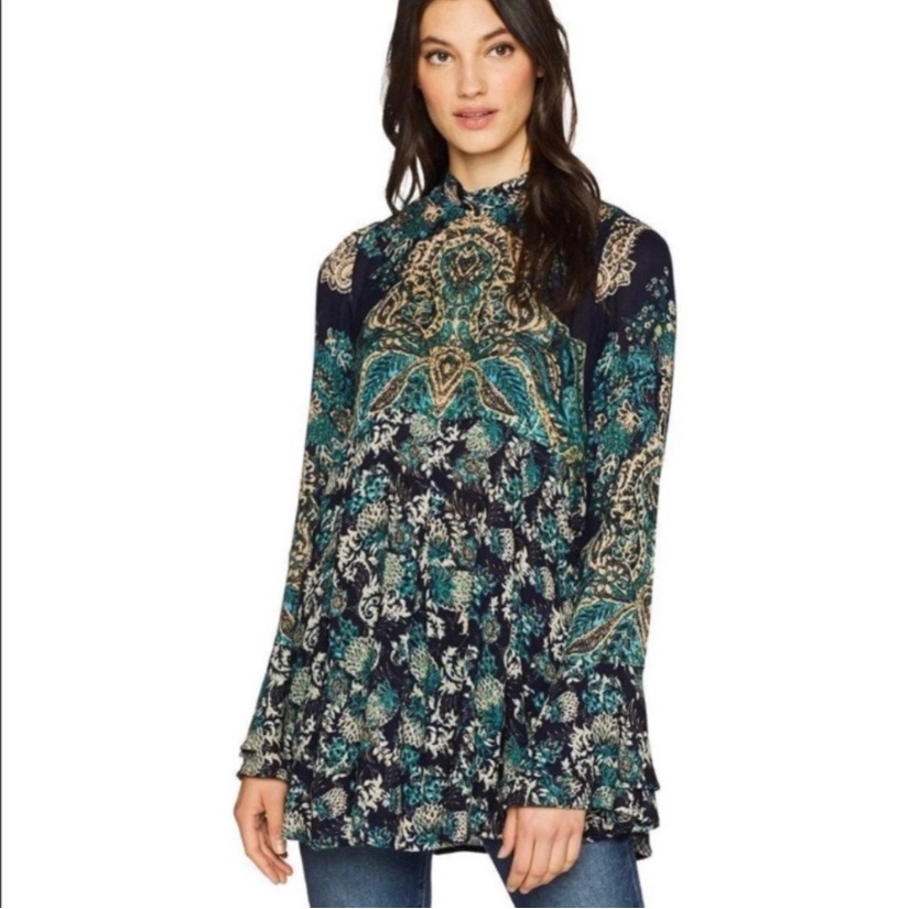 Free People Lady Luck Tunic Blouse In Bluecombo
